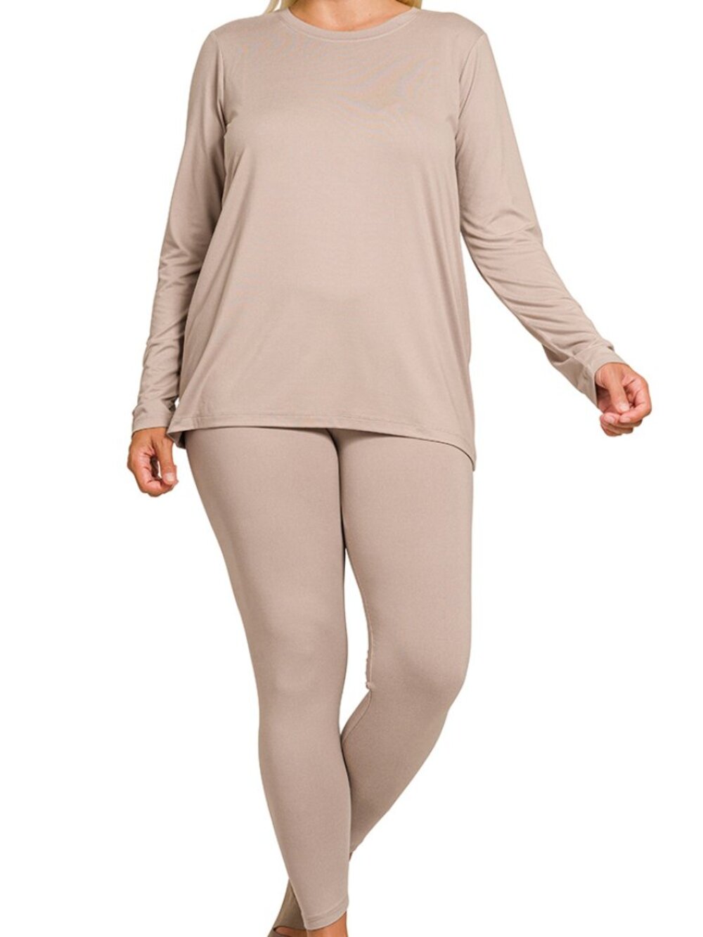 Plus Size Buttery Soft DTY Microfiber Top & Leggings Set | Round Neck |Ash Mocha